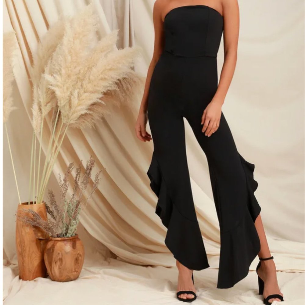 After Midnight Black Strapless Ruffle Leg Jumpsuit